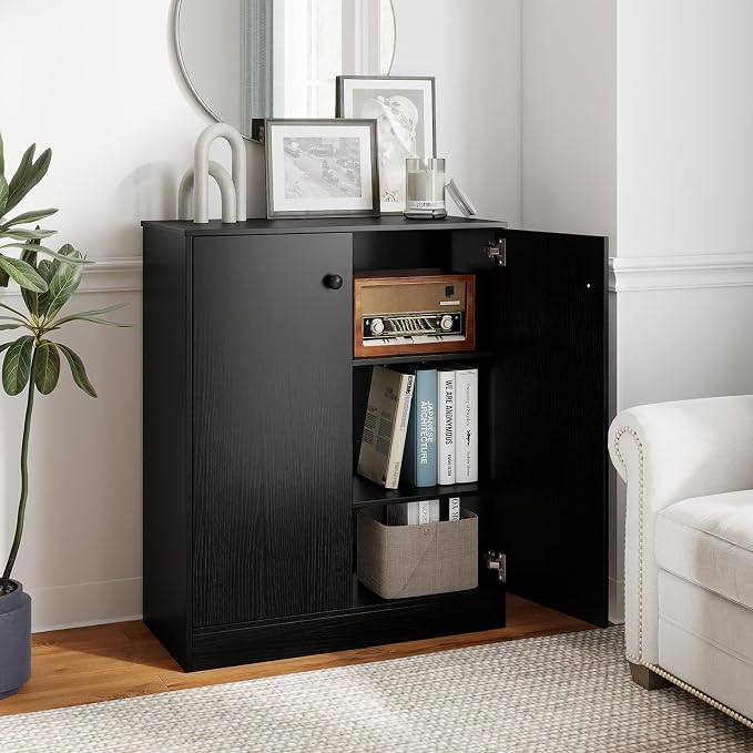 GIANTEX 2 Door Storage Base Cabinet (Black) | 3-Tier Base Cabinet with Non-Slip Foot Pads, Kitchen Cupboard Storage Organizer for Living Room, Hallway, Entryway, Office