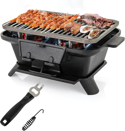 Cast Iron BBQ Grill, Portable Pre-Seasoned Charcoal Grill Stove with Double Sided Grill Grid, Air Control & Coal Door, Indoor Outdoor Hibachi-Charcoal Grill for Camping Picnic Party