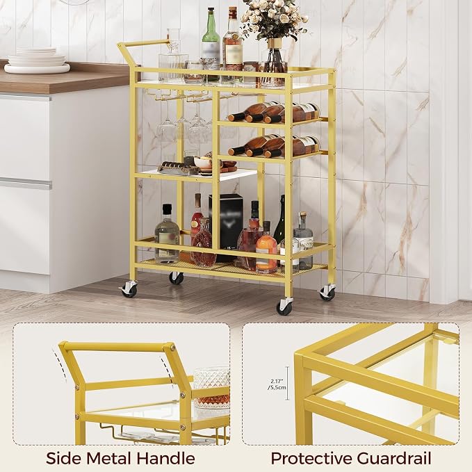 MAHANCRIS Bar Cart for Home, 3-Tier Serving Cart with Glass Top, Beverage Cart with Wine Rack and Glass Holder, Drink Cart with Wheels, for Dining Room, Living Room, Gold and White RCJM71B01