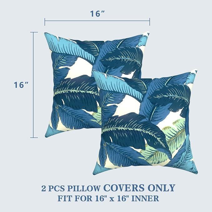 LVTXIII 2 Pack Outdoor Throw Pillow Covers for Patio Furniture, 16x16 Inch Square Pillow Case, Water-Repellent Cushion Covers for Garden, Porch, Sofa, Swaying Palms Blue
