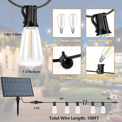 100FT Solar String Lights Outdoor Waterproof with 52 LED Edison Bulbs | Patio Lights with Remote, Timer, Solar Powered Outside Dimmable ST38 Hanging Lights for Porch Backyard Garden Camping Party
