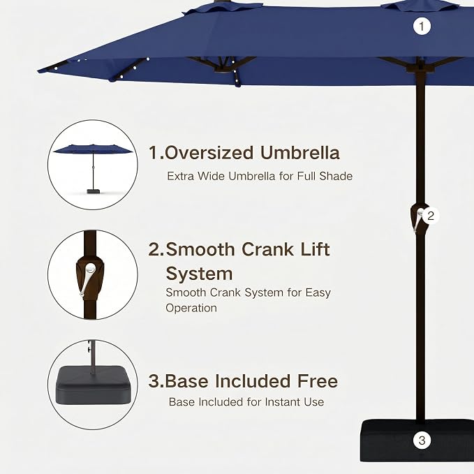 Kingdura 15ft Large Patio Umbrella with Solar Lights, Double-Sided Rectangle Lighted Outdoor Table Umbrella with Base Included, 12 Reinforced Ribs, 48 Led Lights, Crank Lift for Market Pool Deck Backyard, Navy blue