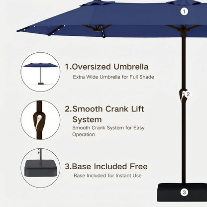 Kingdura 15ft Large Patio Umbrella with Solar Lights, Double-Sided Rectangle Lighted Outdoor Table Umbrella with Base Included, 12 Reinforced Ribs, 48 Led Lights, Crank Lift for Market Pool Deck Backyard, Navy blue