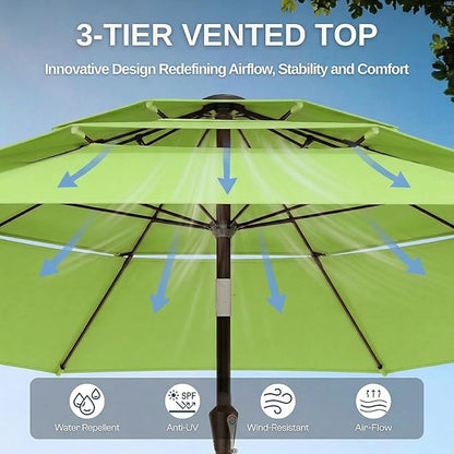10ft Patio Umbrella, 3 Tier Outdoor Market Table Umbrellas with 8 Fiberglass Ribs and Push Button Tilt, Windproof, Vented Canopy, UV Protection for Deck, Pool, Backyard