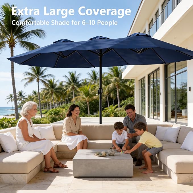 15FT Patio Umbrella, Double-Sided Outdoor Umbrella with base included, Large Standing Umbrella with Crank Handle & Ventilation, Rectangular patio umbrella for Pool, Backyard, Deck, Lawn & Beach