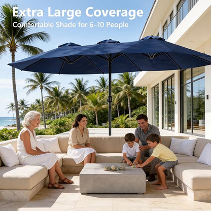 15FT Patio Umbrella, Double-Sided Outdoor Umbrella with base included, Large Standing Umbrella with Crank Handle & Ventilation, Rectangular patio umbrella for Pool, Backyard, Deck, Lawn & Beach