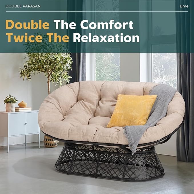 Bme Double Papasan Chair, 600lbs Capacity, Ergonomic Design, Soft Thick Cushion, Bee-Designed Frame, Durable Steel, 61", Beige - Black Base
