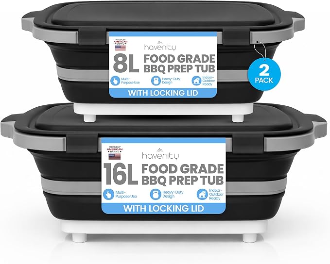BBQ Prep Tub 2 Pack (8L+16L) - Multifunctional Collapsible Camping Cutting Board with Upgraded Locking lid, Meal Prep Meat Storage Container Perfect for Grilling, Outdoor Cooking (Large + XL)