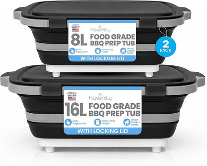 BBQ Prep Tub 2 Pack (8L+16L) - Multifunctional Collapsible Camping Cutting Board with Upgraded Locking lid, Meal Prep Meat Storage Container Perfect for Grilling, Outdoor Cooking (Large + XL)