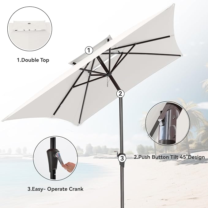 6.6 x 10 ft Rectangular Patio Umbrella, Outdoor Market Table Umbrella with Push Button Tilt and Crank, Double-Tier Vent, 6 Ribs, Rectangle Patio Umbrella for Backyard, Deck, Pool, Fits 4–6 Chairs and Tables (White)