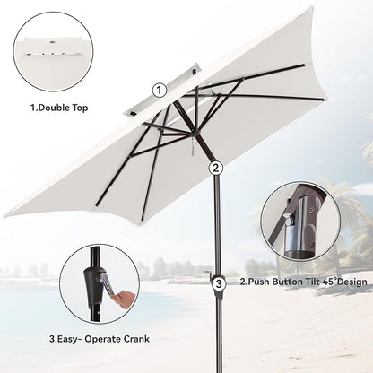 6.6 x 10 ft Rectangular Patio Umbrella, Outdoor Market Table Umbrella with Push Button Tilt and Crank, Double-Tier Vent, 6 Ribs, Rectangle Patio Umbrella for Backyard, Deck, Pool, Fits 4–6 Chairs and Tables (White)