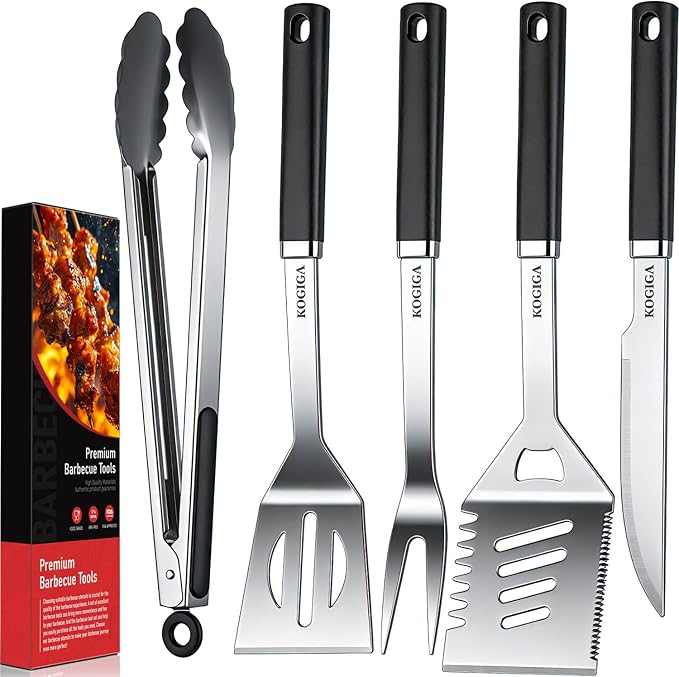 Heavy Duty BBQ Tools Grill Tools Set - Stainless Steel BBQ Grilling Tools Set with Serrated Spatula, Tongs, Knife, Spatula - Outdoor Barbecue Accessories Kit, Grilling Gifts for Men Dad
