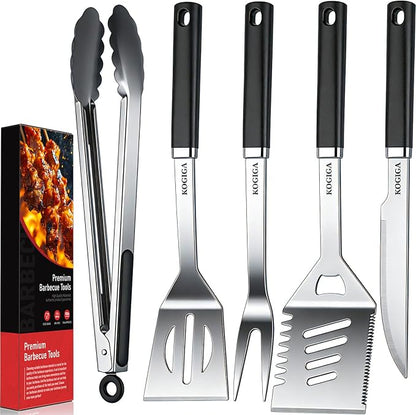 Heavy Duty BBQ Tools Grill Tools Set - Stainless Steel BBQ Grilling Tools Set with Serrated Spatula, Tongs, Knife, Spatula - Outdoor Barbecue Accessories Kit, Grilling Gifts for Men Dad