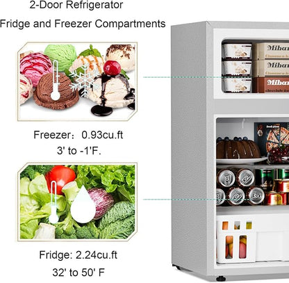 Antarctic Star Mini Compact Refrigerator, 3.2 Cu.Ft. Separate Freezer Double 2-Door Adjustable Removable Shelves For Basement/Apartment/Dorm/Office,GREY