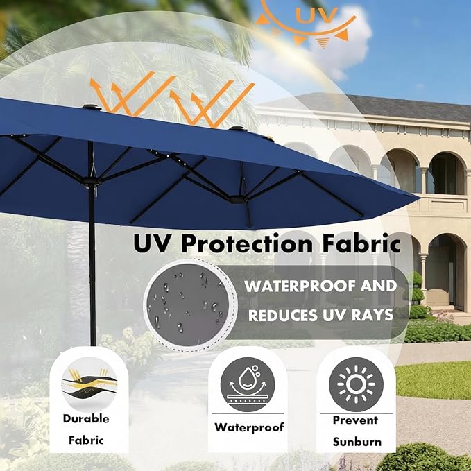 15ft Patio Umbrella Replacement Canopy for 12 Ribs, Large Outdoor Umbrella Top Cover Only,Double-Sided Fabric for Market Umbrellas, Sombrillas de Patio Repuesto (Frame NOT Included),Blue