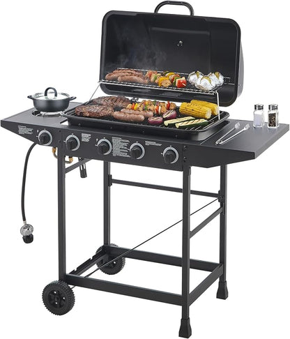 47" Stainless Steel Outdoor Kitchen BBQ Island Grill with LPG Black | 4 Burner 42000 BTU Enamel-Coated Grates and Side Tables for Outdoor Cooking Kitchen and Patio Backyard