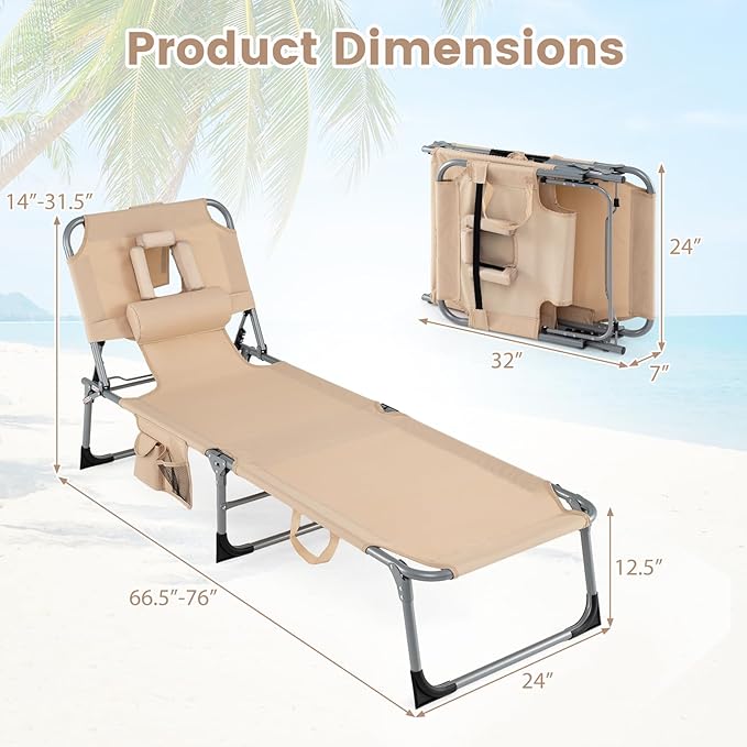 COSTWAY Tanning Chair with Face Hole, Folding Beach Lounge Chair with 4-Position Adjustable Backrest, Pillow & Side Pocket, Foldable Chaise Lounge Chair Outdoor for Sunbathing, Camping (1, Beige)