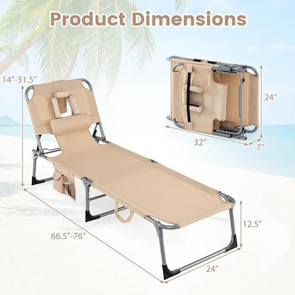 COSTWAY Tanning Chair with Face Hole, Folding Beach Lounge Chair with 4-Position Adjustable Backrest, Pillow & Side Pocket, Foldable Chaise Lounge Chair Outdoor for Sunbathing, Camping (1, Beige)