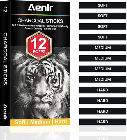 Aenir Compressed Charcoal Sticks Set of 12 – Soft, Medium, Hard Charcoal for Drawing, Sketching & Shading – Art Supplies for Artists, Beginners & Adults