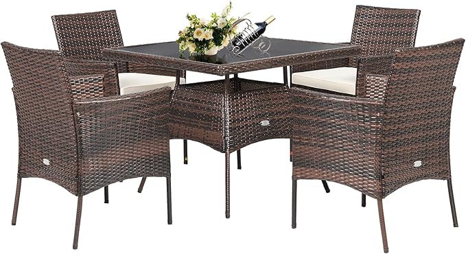 HAPPYGRILL 5 Pieces PE Wicker Patio Dining Set with Table and Chairs with Cushions, Outdoor Patio Furniture Set for Deck, Garden and Backyard (Brown Beige & Glass)