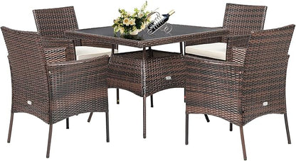 HAPPYGRILL 5 Pieces PE Wicker Patio Dining Set with Table and Chairs with Cushions, Outdoor Patio Furniture Set for Deck, Garden and Backyard (Brown Beige & Glass)
