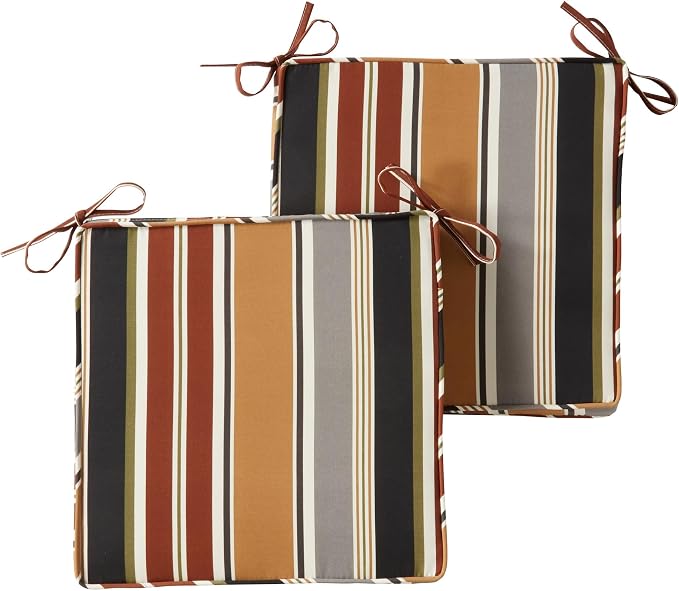 Outdoor 18 inch Square Patio Dining Chair Pads – Comfortable Fiber-Filled Seat Cushions with Ties, Reversible Polyester Fabric - Brick Stripe, Set of 2