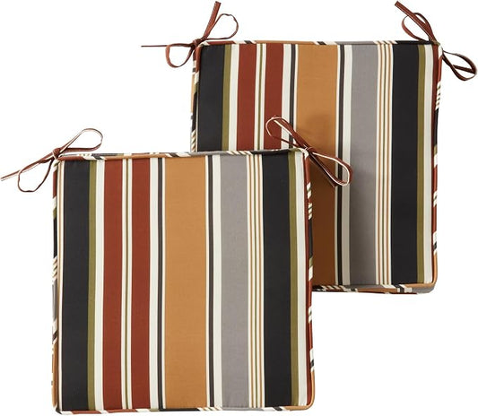 Outdoor 18 inch Square Patio Dining Chair Pads – Comfortable Fiber-Filled Seat Cushions with Ties, Reversible Polyester Fabric - Brick Stripe, Set of 2