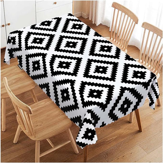 Swono Rhombus Tablecloth Ethnic Diamond White Black Table Cloth Geometric Rhombus Decorative Table Cover for Kitchen, Party Banquet and Holiday Tablecloth, 52x70 Inch(4-6 Seats)