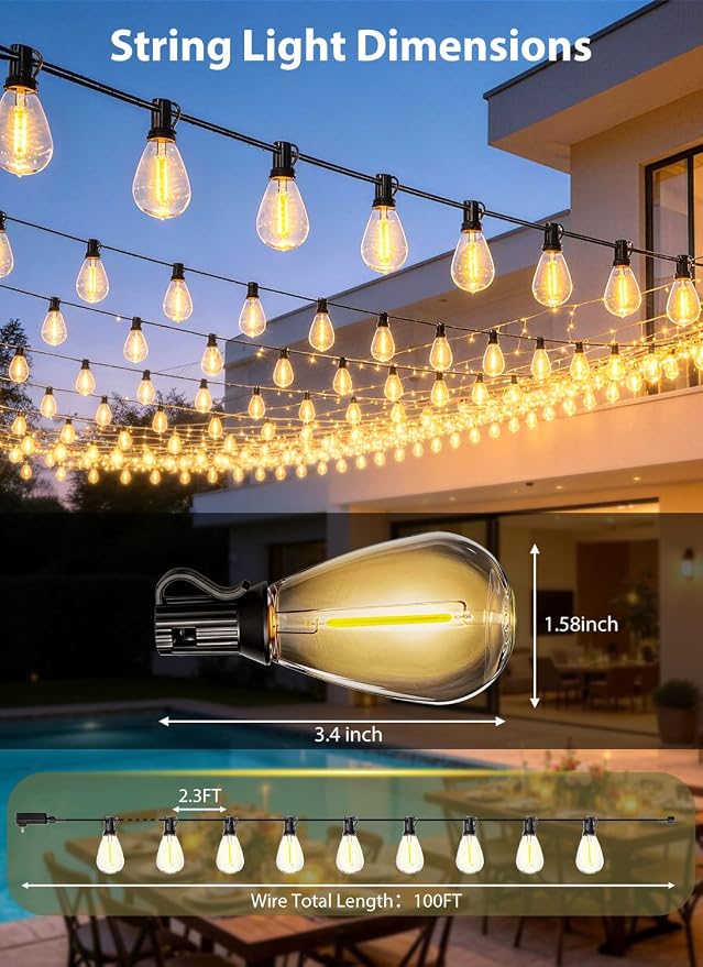 100FT Outdoor String Lights with 36+1 S11 LED Bulbs, Waterproof Dimmable Patio Lights with Remote, Shatterproof E12 Hanging Bistro Lights for Backyard, Porch, Garden, Deck Outdoor Decor