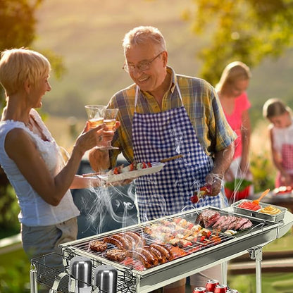 TeqHome Portable Charcoal Grill, Upgraded Folding Large Barbecue Charcoal Grill W/Board Shelf & Flavoring Storage Basket, Stainless Steel Frame, for 8 People Picnic Garden Terrace Camping Travel Use