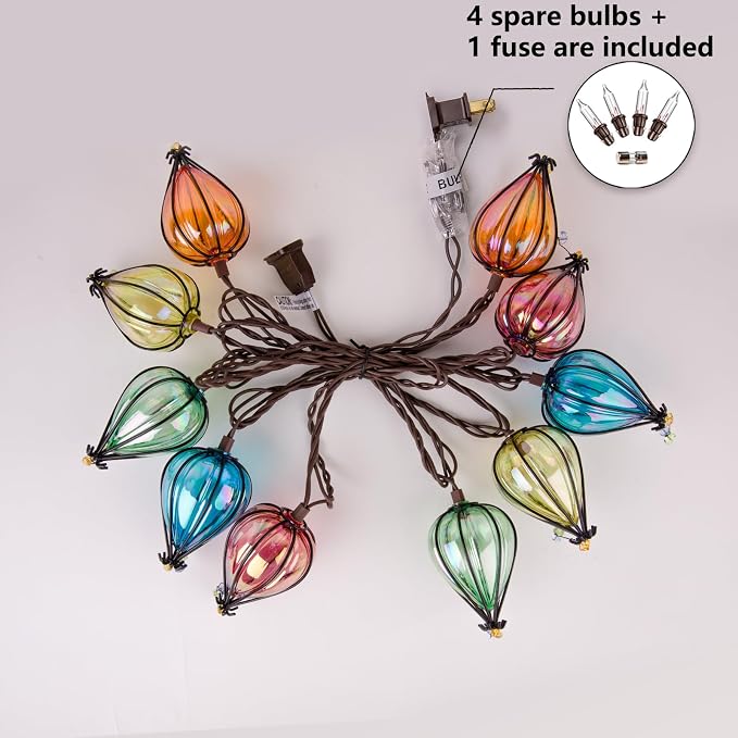 Outdoor String Lights Plug in with 10 Incandescent Bulbs, Multicolor Patio Lights Connectable Weatherproof Decorative Lantern String Lights for Gazebo Porch Bedroom Cottagecore Decor (Hot Air Balloon)