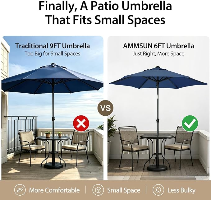 AMMSUN 6FT Patio Umbrella, Outdoor Table Umbrella with Push Button Tilt | UPF50+ Sun Protection and Water-Resistant Fabric, Premium Steel Pole and Ribs, Height-Adjustable and Push-Button Tilt