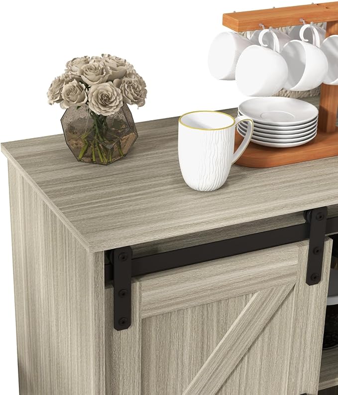 Panana Sliding Barn Door Buffet Sideboard Storage Cabinet Coffee Bar Kitchen Farmhouse Style (Oak)