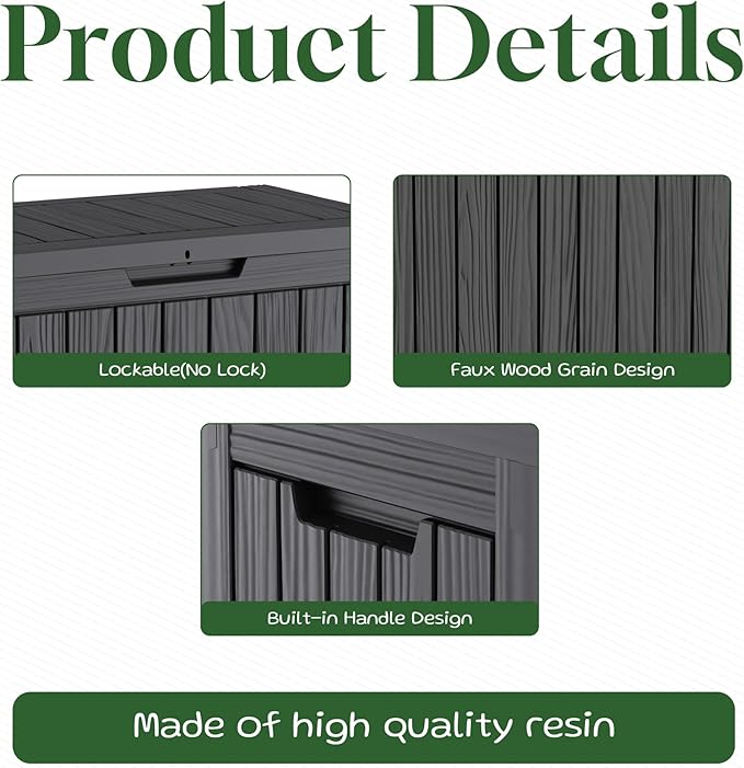 PatioZen 50 Gallon Deck Box Outdoor,Weatherproof Resin Patio Storage Box,Waterproof Outdoor Storage Boxes with Lid Lockable for Cushions,Garden Tools,Black