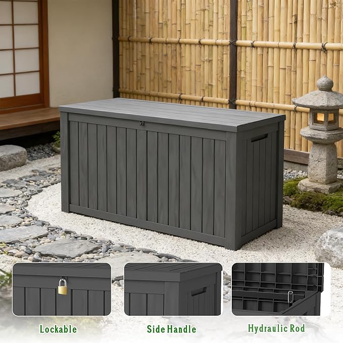 FEFLO 150 Gallon Waterproof Resin Outdoor Storage Box, Lockable & UV Resistant Patio Deck Boxes, Outside Storage for Patio Cushions, Pool Toys, Garden Tools & Package Delivery, Black