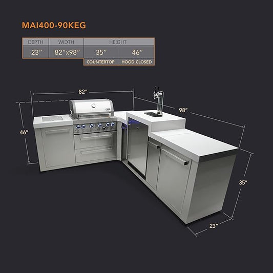 Mont Alpi Premium 82"W x 98"D Stainless Steel L-shaped Modular Outdoor Kitchen Island with 3-tap Kegerator Beer Dispenser + 32"W 4-Burner BBQ Grill + Granite Countertops + Storage Cabinets + Drawers
