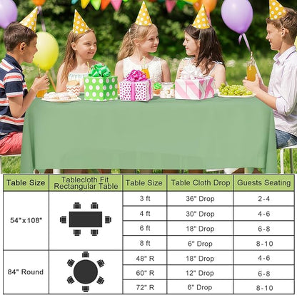 Smiry Disposable Table Cloth 3 Pack, 54 x 132 Inch Waterproof Plastic Tablecloth, Decorative Rectangle Table Covers for Party, Birthday, Picnic, Sage Green