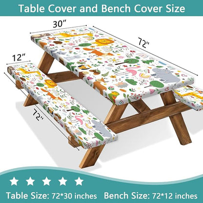 Picnic Table Cover with Bench Covers, Camping Essentials, Jungle Animal Cute Waterproof Windproof Camping Tablecloth, Fitted Tablecloth Cover with Elastic Edge for Indoor Outdoor 30x72 Inch