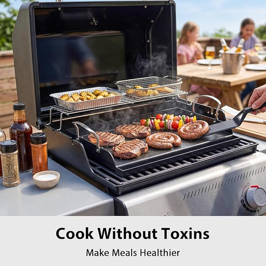 Utheer Griddle Kit, 17" x 13" Pre-Seasoned Cast Iron Flat Top Griddle with Scratch-Free Tools, Universal Grill Griddle for Gas & Charcoal Grills, Camping, Tailgating and BBQ