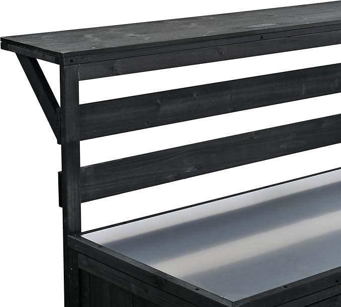 GDFStudio Elshire Patio Kitchen Island Cart with Storage, Wooden Outdoor Storage Cabinet with Stainless Steel BBQ Prep Table Top, Drawers, Raised Shelf and Lockable Wheels, Garden Potting Bench, Black