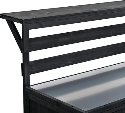 GDFStudio Elshire Patio Kitchen Island Cart with Storage, Wooden Outdoor Storage Cabinet with Stainless Steel BBQ Prep Table Top, Drawers, Raised Shelf and Lockable Wheels, Garden Potting Bench, Black