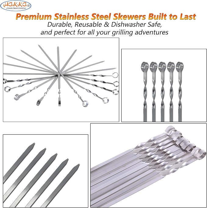 Hakka Stainless Steel Barbecue Skewers, 23.6" Shish Kabob Skewers Heavy Duty Metal Skewers for Grilling Large Wide Reusable Kabob Sticks with NonSlip Ring Handle,Set of 10