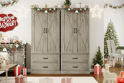 GarveeHome Kitchen Pantry Cabinet, Farmhouse Storage Cabinet with Barn Doors, Drawers and Adjustable Shelves, Versatile Storage for Kitchen, Dining Room, Grey