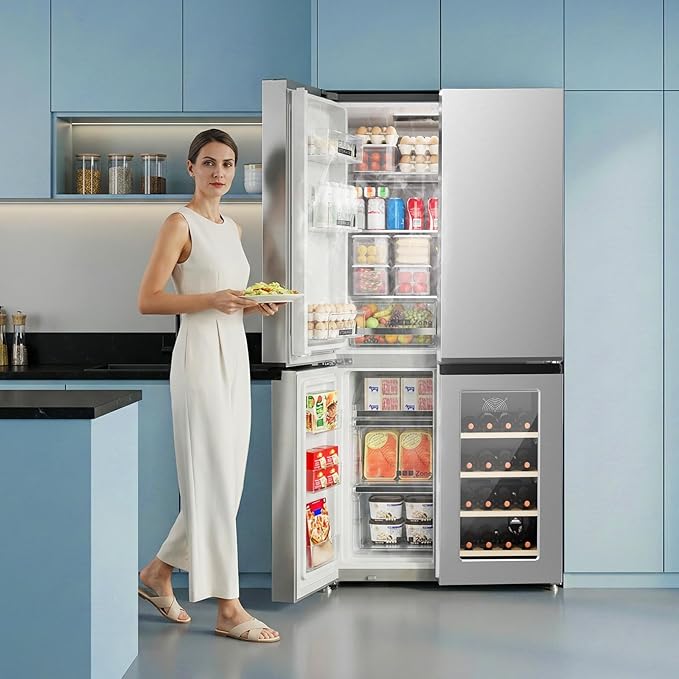 Electactic 21.36 Cu.Ft French Door Refrigerators with Bottom Freezer, Wine Cabinet, Adjustable Shelving, Counter Depth Smart Refrigerator with Touchscreen for Kitchen Home