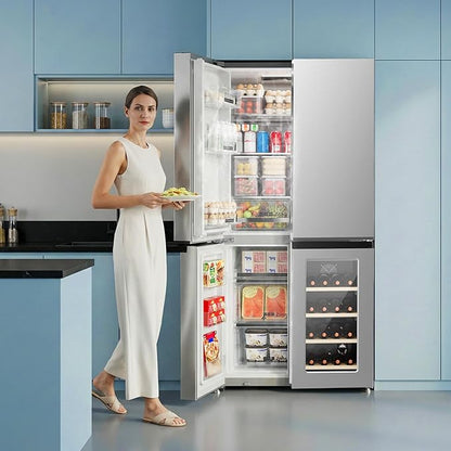 Electactic 21.36 Cu.Ft French Door Refrigerators with Bottom Freezer, Wine Cabinet, Adjustable Shelving, Counter Depth Smart Refrigerator with Touchscreen for Kitchen Home