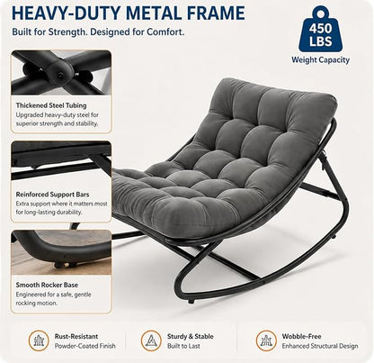 Garvee Outdoor Papasan Rocking Chair with Thick Cushion, 450 lb Capacity | Curved lounge profile, neutral gray finish and easy-care materials create a cozy retreat for porch, balcony or living room.