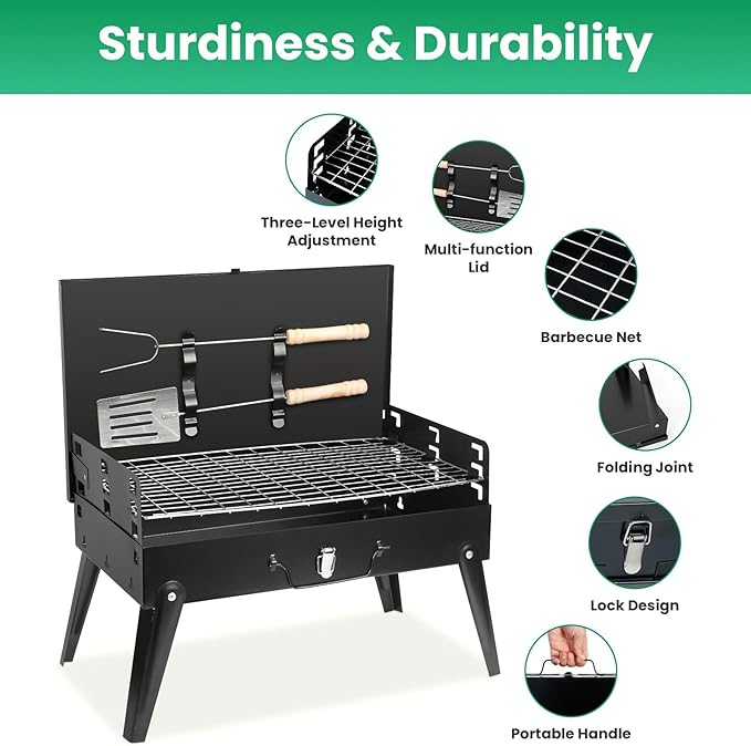 Portable Charcoal Grill, Outdoor Tabletop Charcoal Grill with Lid, Folding Barbecue Grill Small BBQ Grill, Camping Barbecue Grill for Garden Backyard Party Picnic Outdoor Cooking