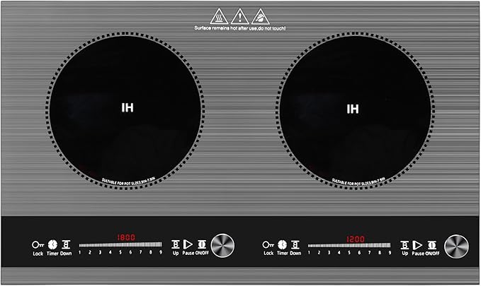 2 burner induction cooktop,110V 3000W 2 burner induction plate with Brushed Panel LED Knob Control, induction stove top with 9 Power Levels, Kids Lock & Timer,24 Inch double induction cooktop