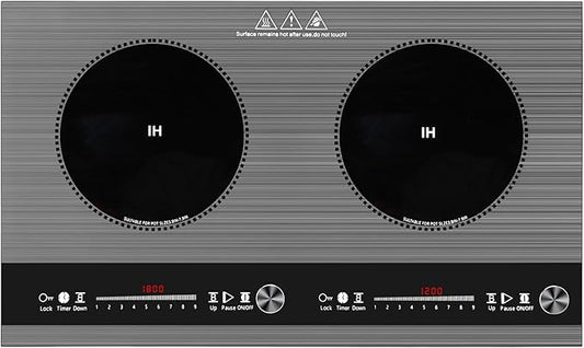 2 burner induction cooktop,110V 3000W 2 burner induction plate with Brushed Panel LED Knob Control, induction stove top with 9 Power Levels, Kids Lock & Timer,24 Inch double induction cooktop