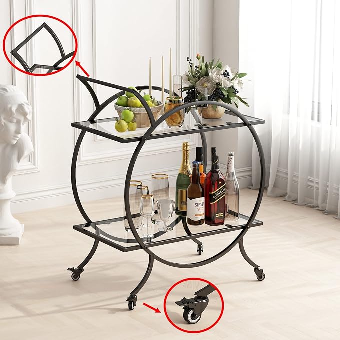 Industrial Bar Carts for The Home Bar Serving Cart, Rolling Bar Cart Black with Lockable Caster Wheels, Glass Bar Carts with 2 Mirrored Shelves, Storage Wine Carts for Kitchen, Party